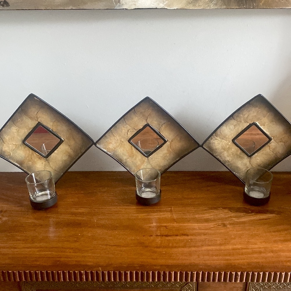 Vintage Pier 1 Slag Glass Diamond Tea Light Wall Mirror 25.5”.